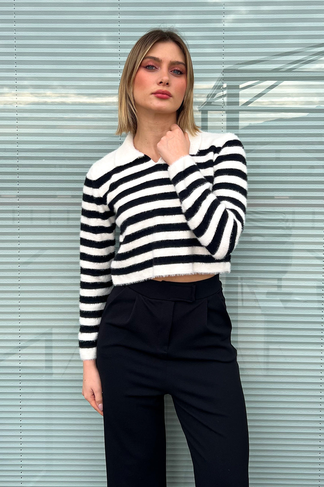MPL Woman Polo Neck Striped Knit Crop Sweater 6624 - San Bruno