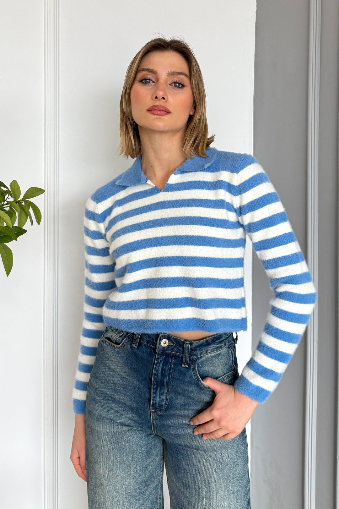 MPL Woman Polo Neck Striped Knit Crop Sweater 6624 - Belleville
