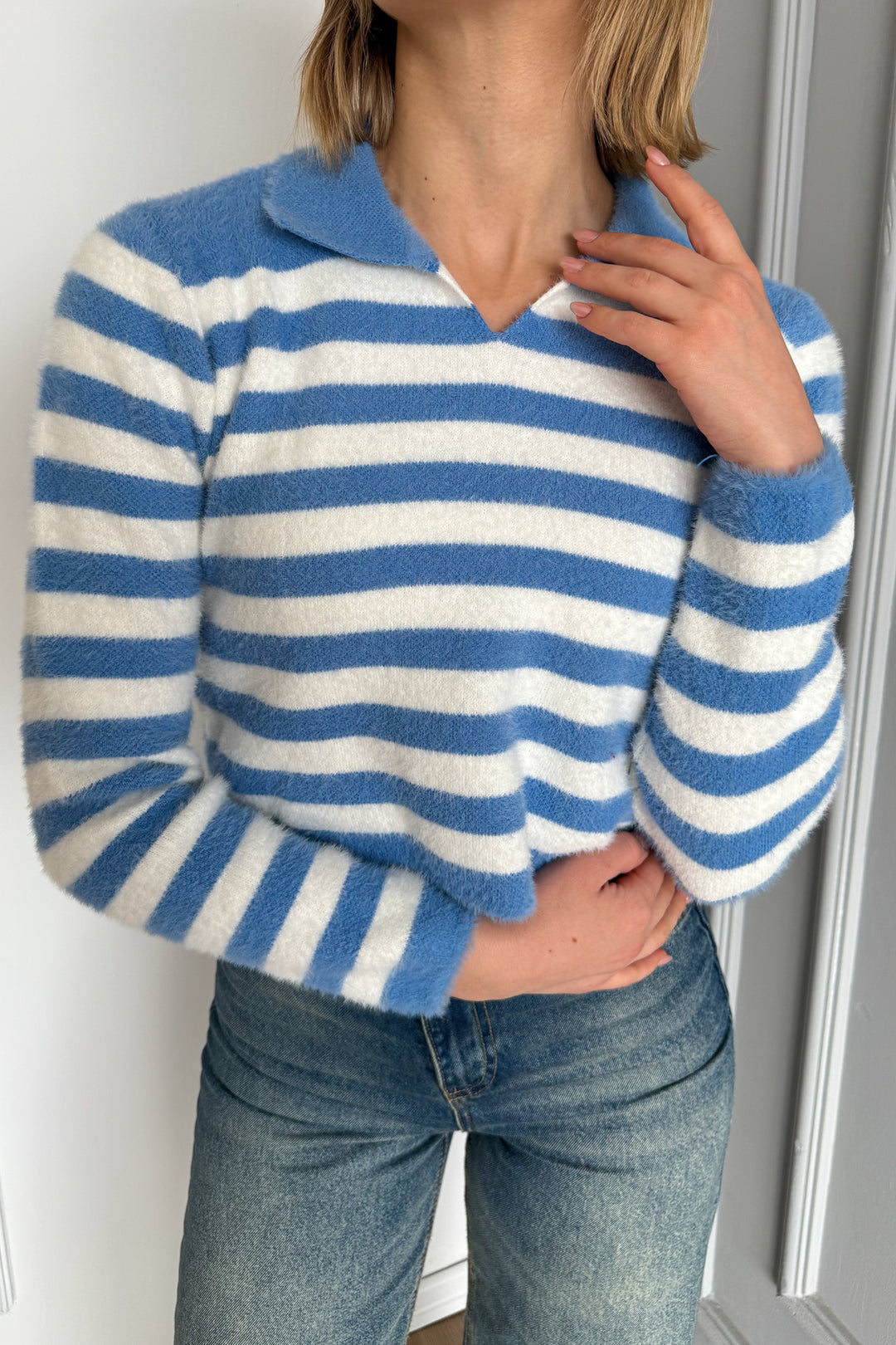 MPL Woman Polo Neck Striped Knit Crop Sweater 6624 - Belleville