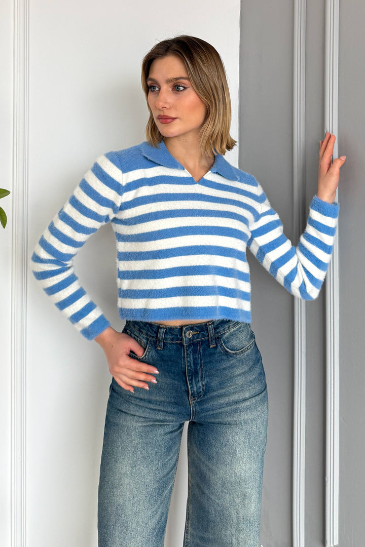 MPL Woman Polo Neck Striped Knit Crop Sweater 6624 - Belleville