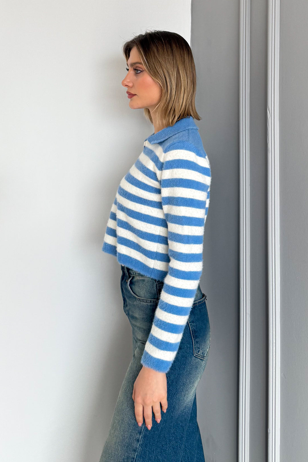 MPL Woman Polo Neck Striped Knit Crop Sweater 6624 - Belleville