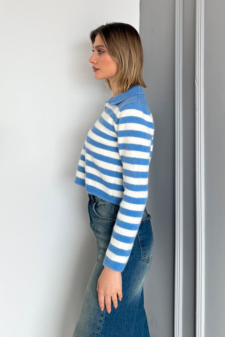 MPL Woman Polo Neck Striped Knit Crop Sweater 6624 - Belleville