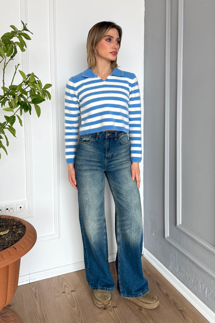 MPL Woman Polo Neck Striped Knit Crop Sweater 6624 - Belleville