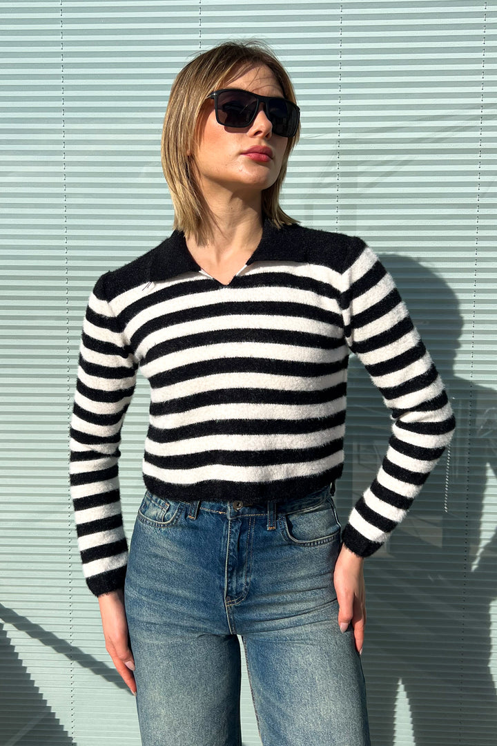 MPL Woman Polo Neck Striped Knit Crop Sweater 6624 - Romeoville