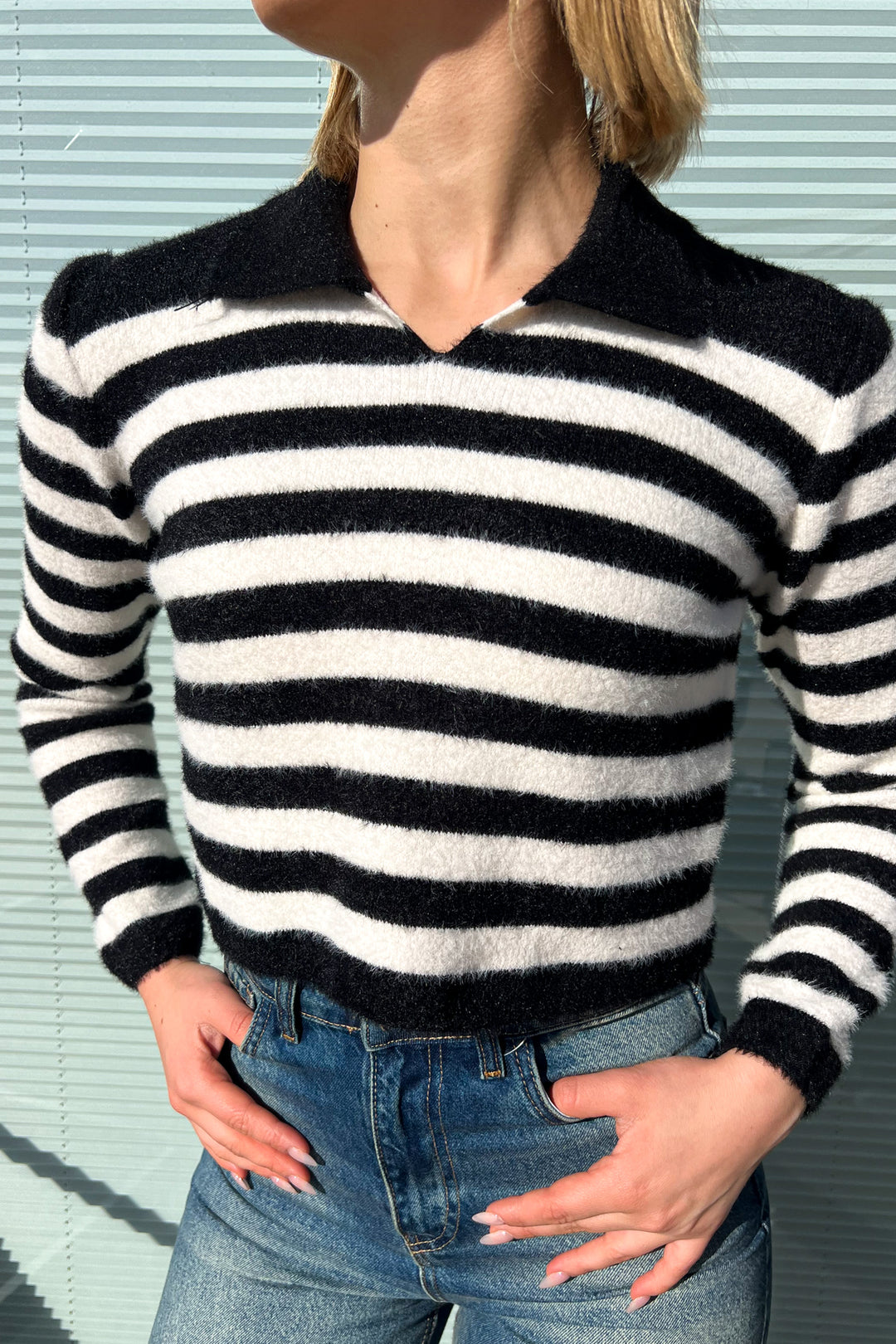 MPL Woman Polo Neck Striped Knit Crop Sweater 6624 - Romeoville