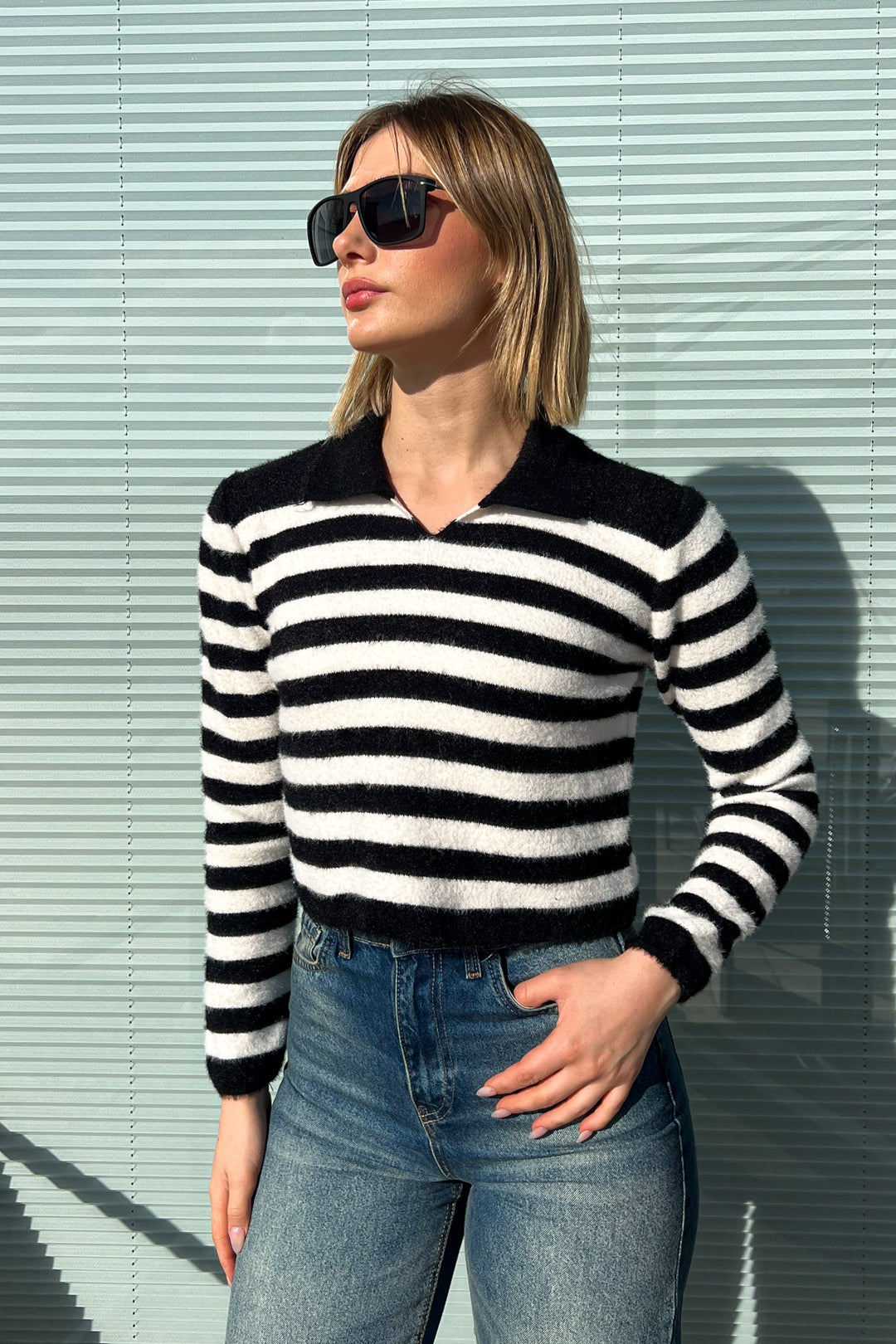 MPL Woman Polo Neck Striped Knit Crop Sweater 6624 - Romeoville