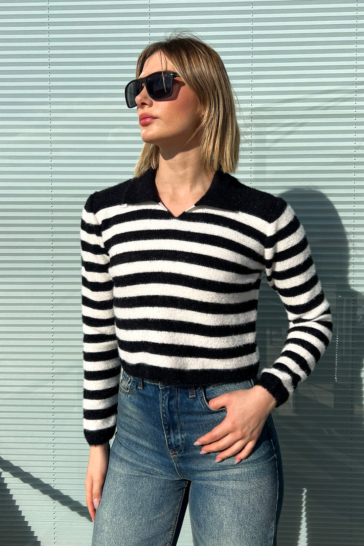 MPL Woman Polo Neck Striped Knit Crop Sweater 6624 - Romeoville