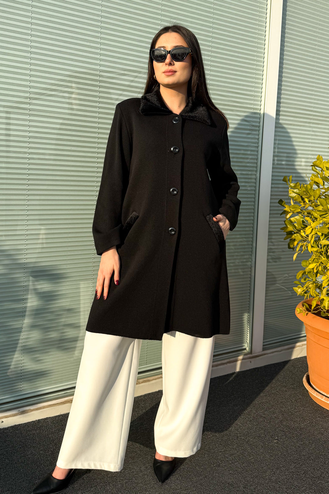 MPL Women's Collar Fur Long Knit Cardigan - Hückelhoven