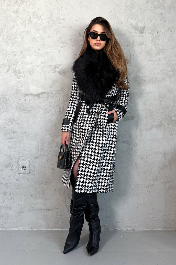 MPL Women's Fur Collar Herringbone Long Coat - Salon-de-Provence