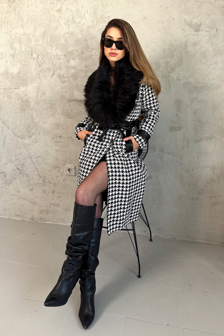 MPL Women's Fur Collar Herringbone Long Coat - Salon-de-Provence