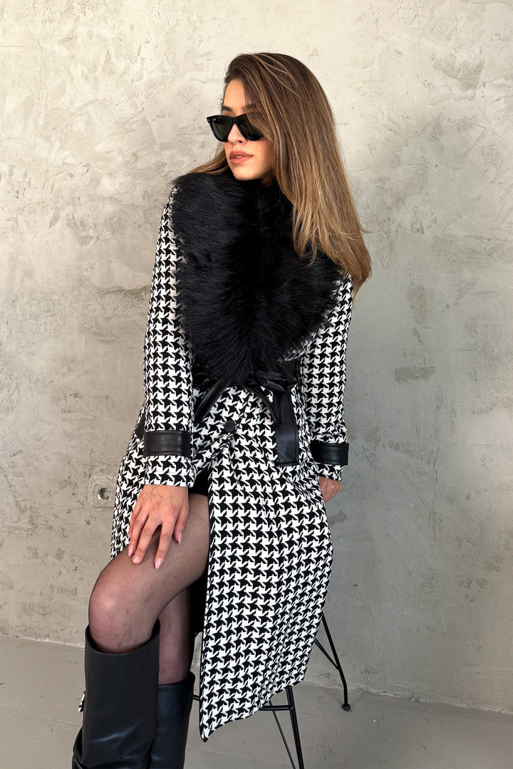 MPL Women's Fur Collar Herringbone Long Coat - Salon-de-Provence