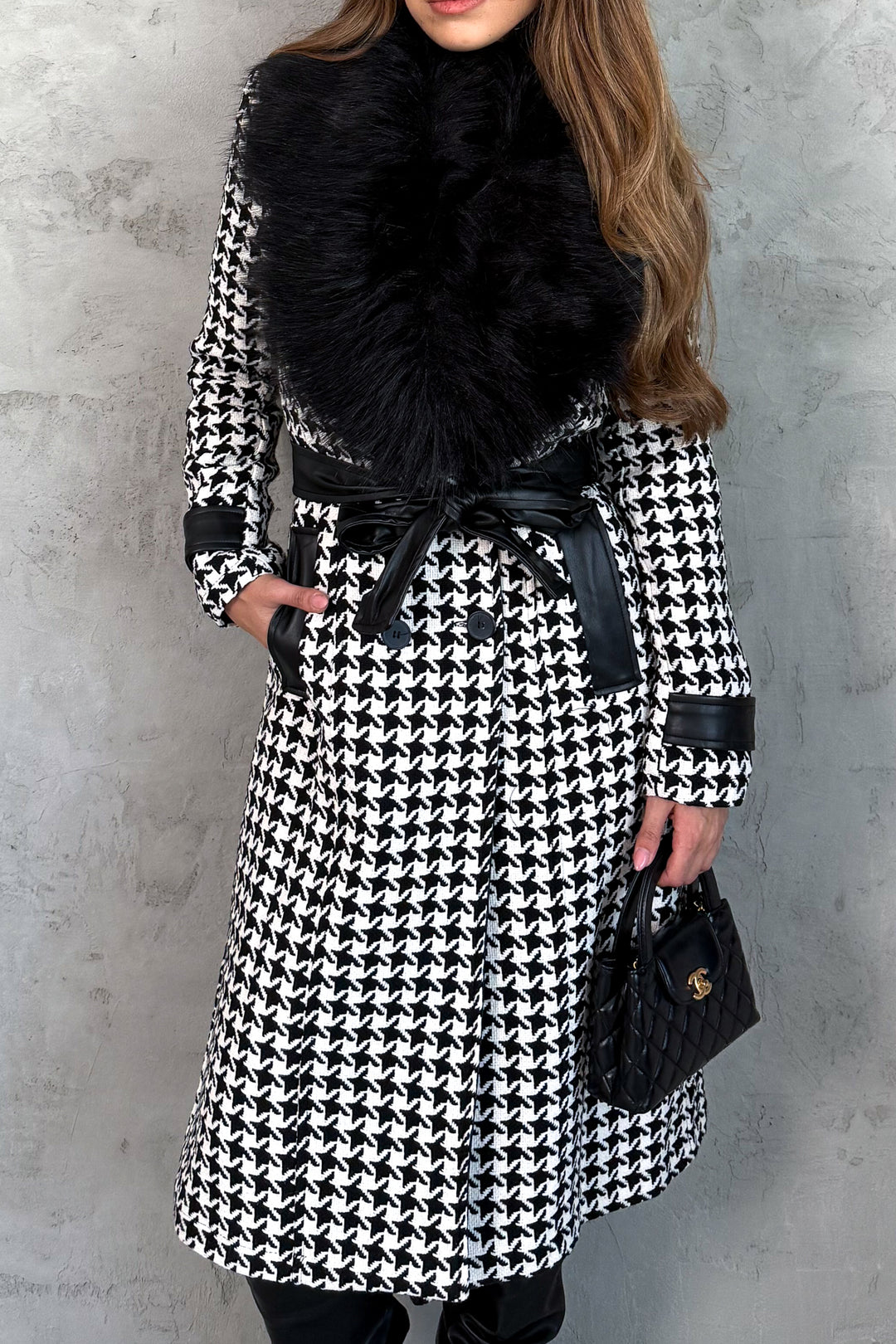 MPL Women's Fur Collar Herringbone Long Coat - Salon-de-Provence