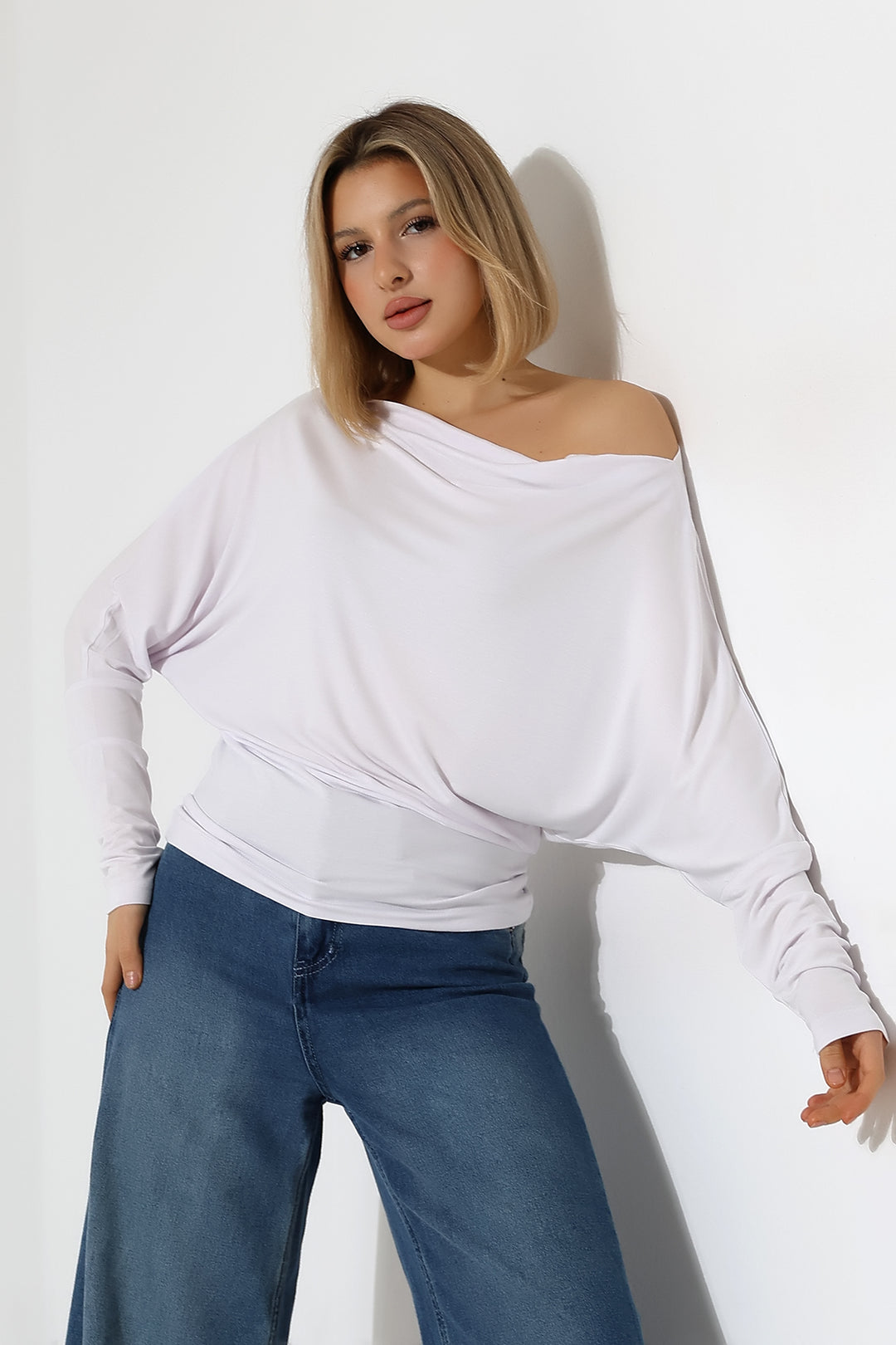 MPL Women's Off-Shoulder Asymmetric Long Sleeve Blouse - Chioggia