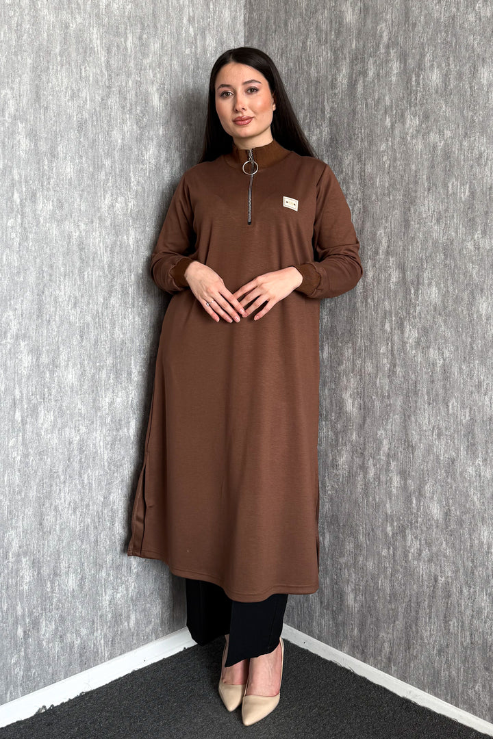 MPL Kadın Yaka Fermuarlı Modal Uzun Tunik 7561 - Mesquite