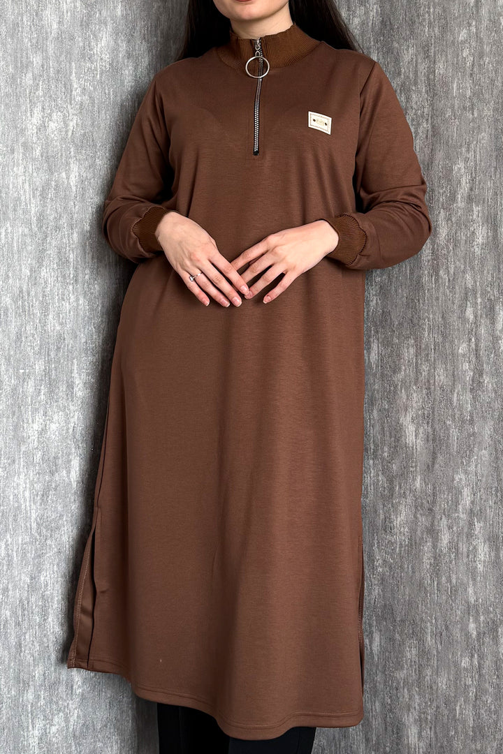 MPL Kadın Yaka Fermuarlı Modal Uzun Tunik 7561 - Mesquite