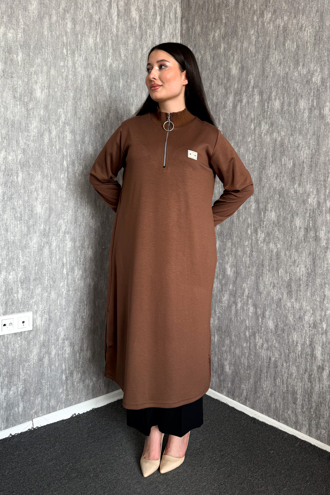 MPL Kadın Yaka Fermuarlı Modal Uzun Tunik 7561 - Mesquite