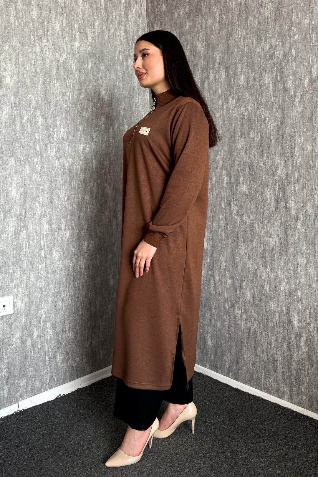 MPL Kadın Yaka Fermuarlı Modal Uzun Tunik 7561 - Mesquite