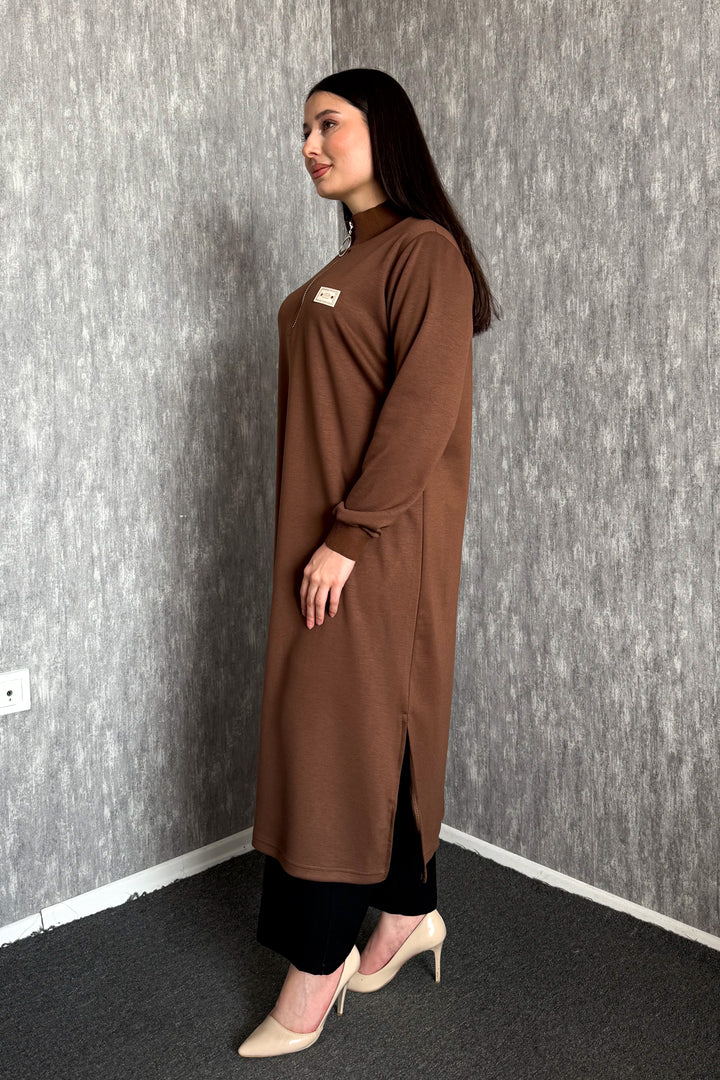MPL Kadın Yaka Fermuarlı Modal Uzun Tunik 7561 - Mesquite