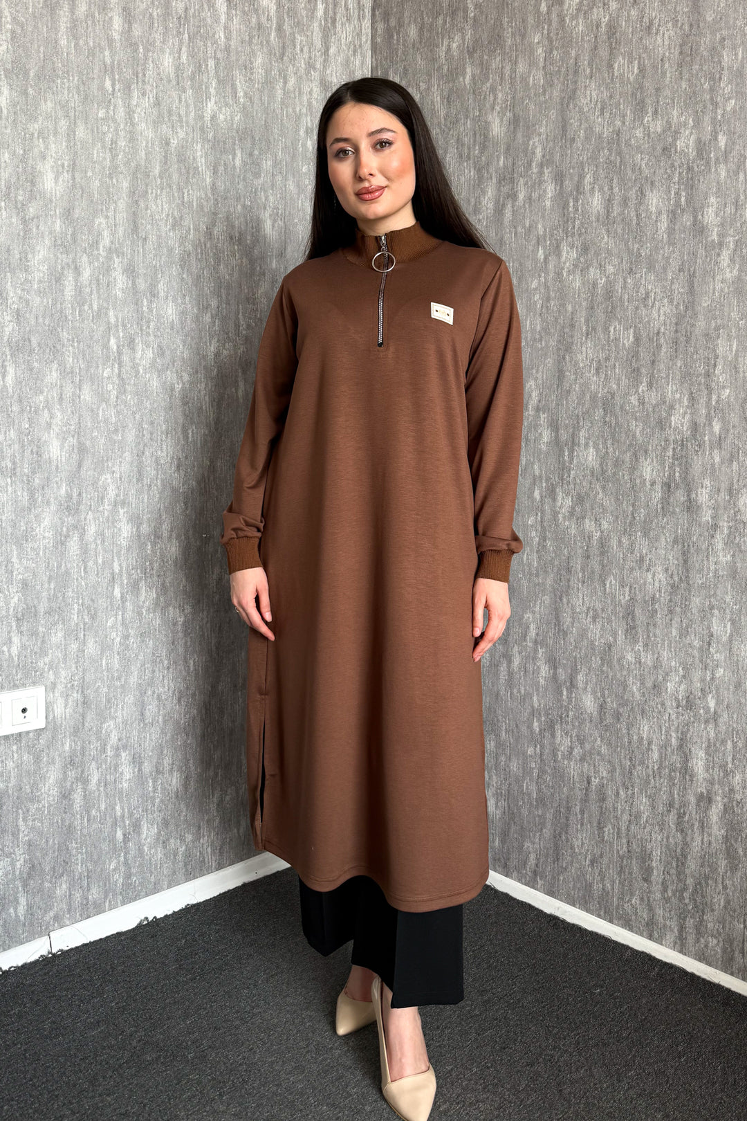 MPL Kadın Yaka Fermuarlı Modal Uzun Tunik 7561 - Mesquite