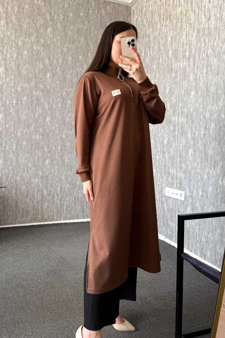 MPL Kadın Yaka Fermuarlı Modal Uzun Tunik 7561 - Mesquite