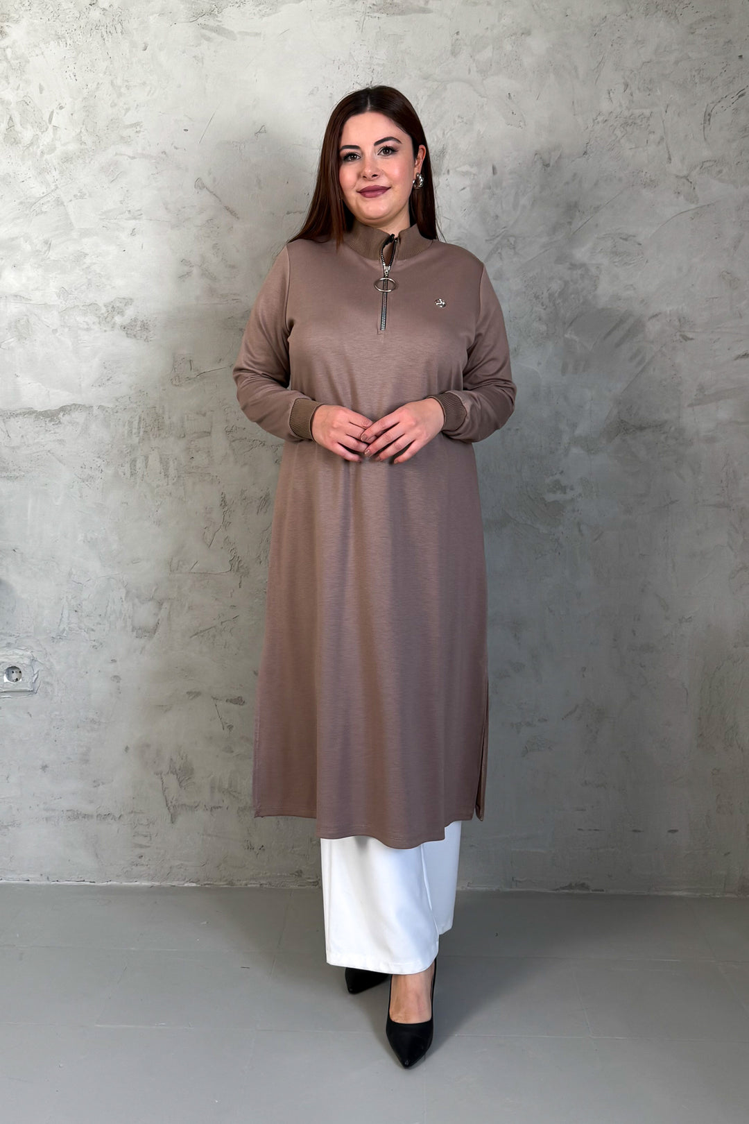 MPL Women's Collar Zippered Modal Long Tunic 7561 - Greenacres