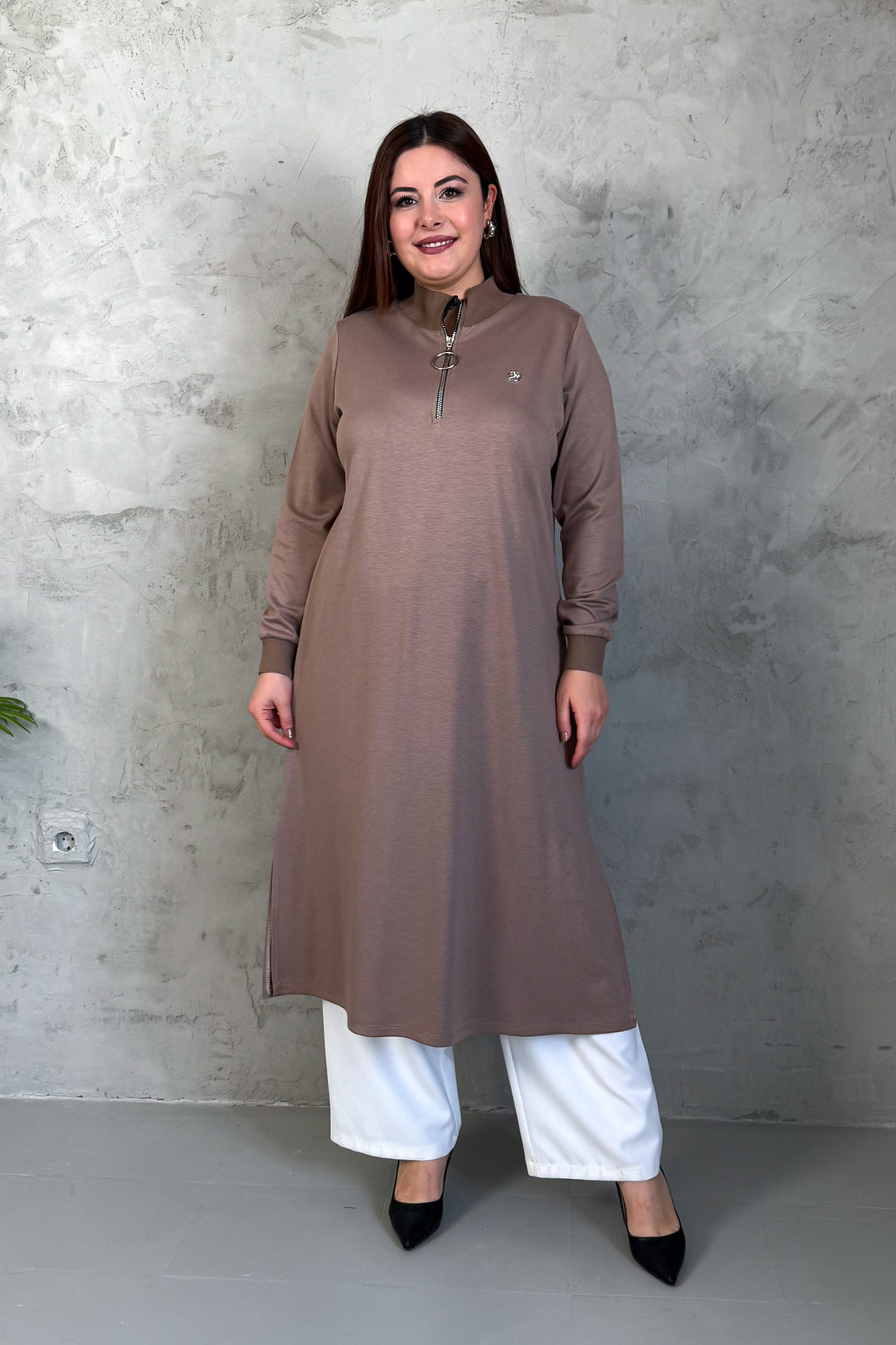MPL Women's Collar Zippered Modal Long Tunic 7561 - Greenacres