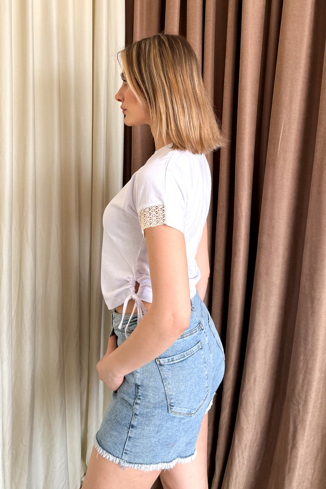 MPL Women's Arm Lace Trim Side Ruched Crop Blouse 5683 - Ferizaj