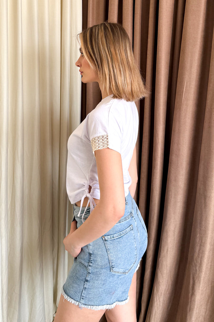 MPL Women's Arm Lace Trim Side Ruched Crop Blouse 5683 - Ferizaj