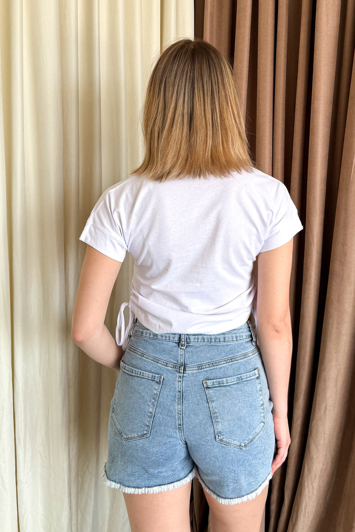 MPL Women's Arm Lace Trim Side Ruched Crop Blouse 5683 - Ferizaj