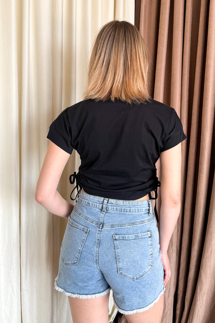 MPL Women's Arm Lace Trim Side Ruched Crop Blouse 5683 - Stakhanov