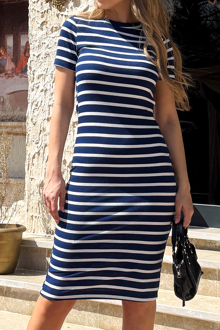 MPL Woman Round Neck Short Sleeve Striped Long Dress 5700 - Anglet