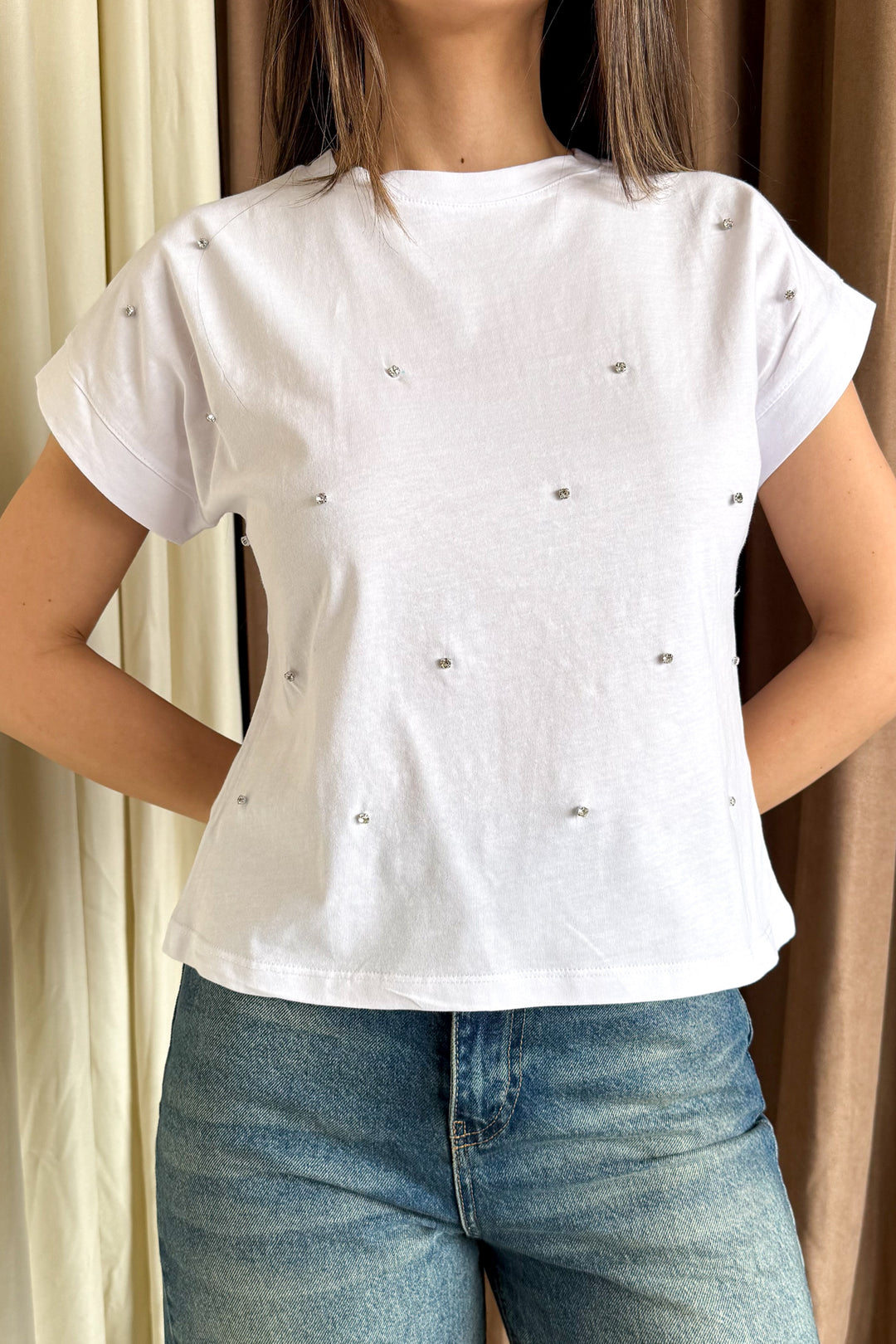 MPL Women's Front Diamond Stone Round Neck T-shirt 5817 - Nîmes