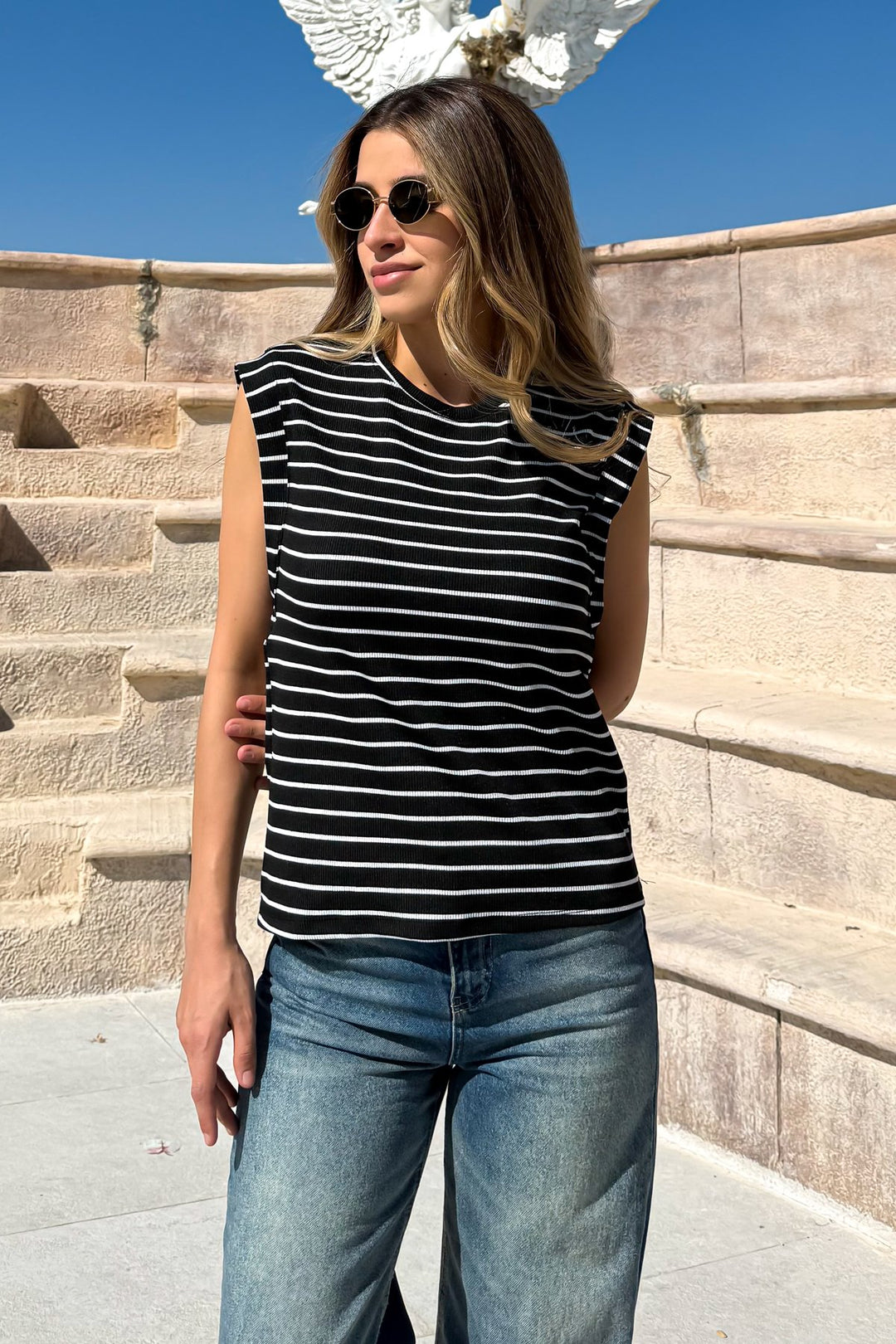 MPL Woman Arm Cut Front Short Back Long Striped T-shirt 6108 - Plantation