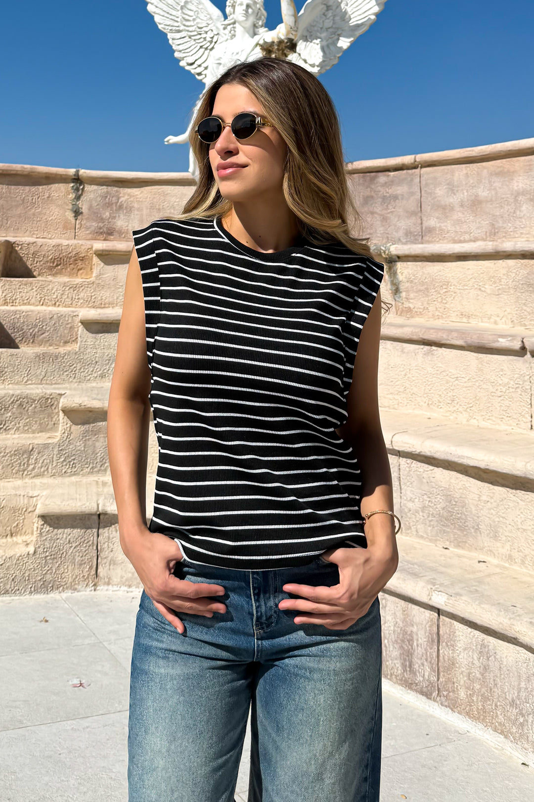 MPL Woman Arm Cut Front Short Back Long Striped T-shirt 6108 - Plantation
