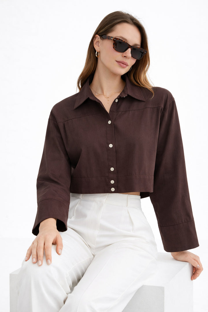 MPL Kadın Düğmeli Modal Kumaş Uzun Kol Crop Gömlek 2609 - Long Beach