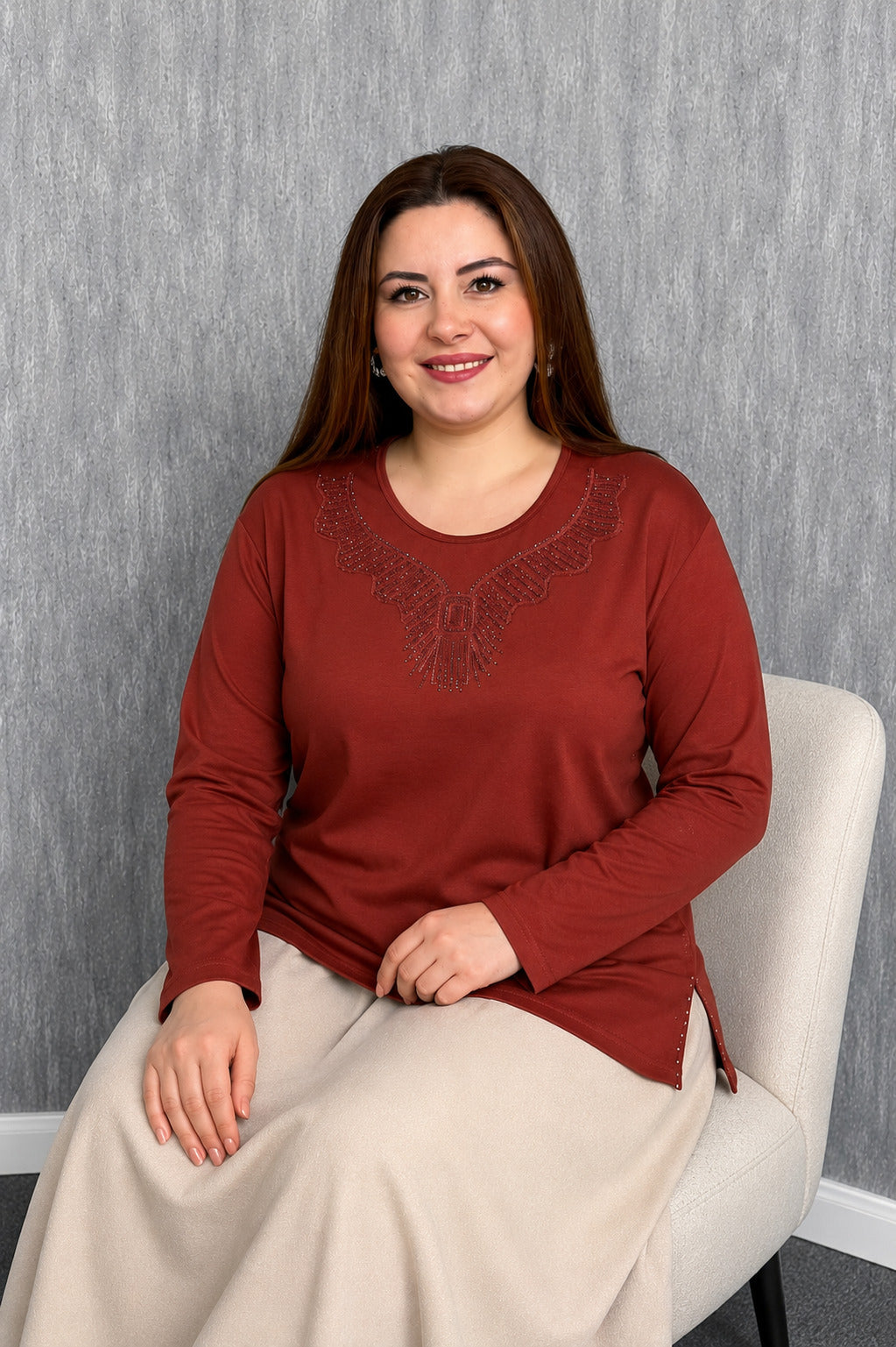 MPL Kadın Taşlı Nakışlı Anne Bluz 007 - Tours