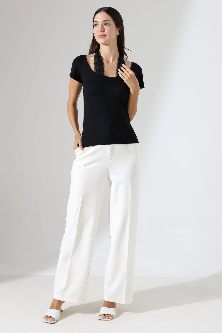 MPL Kadın Geniş Yaka Boyundan Geçmeli Dantel Askılı Likralı Kısa Kol Bluz 22329 - Johnson City