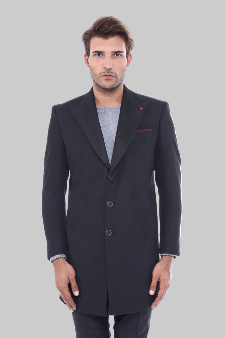 WSS Wide Pointed Collar Over Knee Black Men Coat  - Surbiton