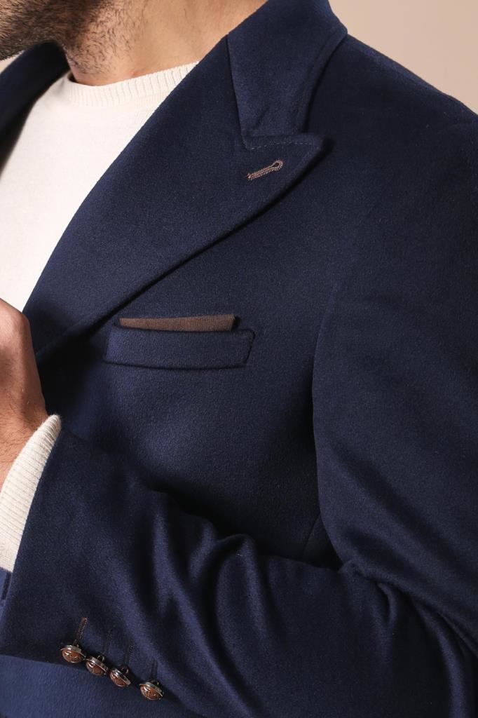 WSS Wide Pointed Collar Over Knee Navy Blue Men Coat  - Lufkin