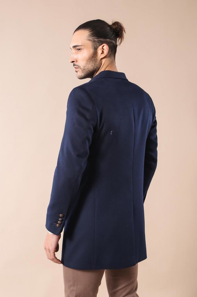WSS Wide Pointed Collar Over Knee Navy Blue Men Coat  - Lufkin