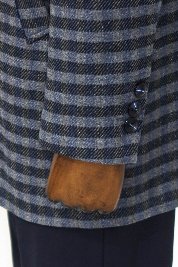 WSS Cachet Plaid Wide Lapel Slim Fit Navy Blue Men Coat  - Singen