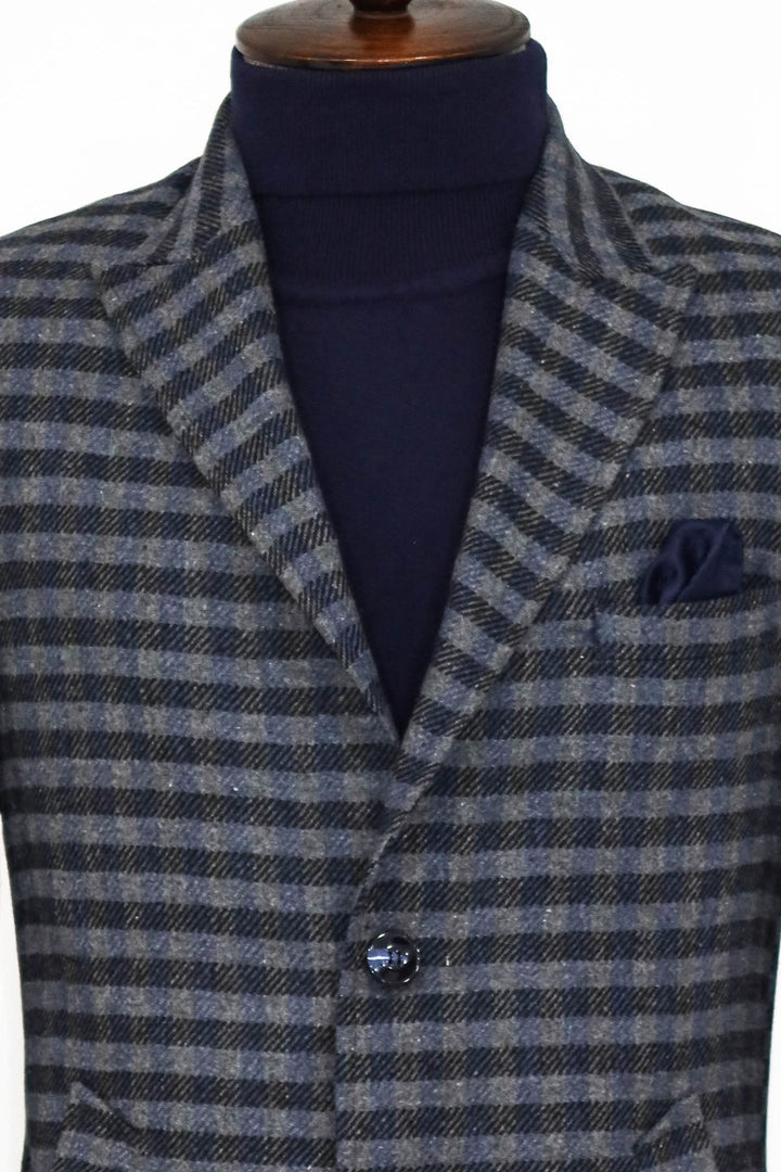WSS Cachet Plaid Wide Lapel Slim Fit Navy Blue Men Coat  - Singen