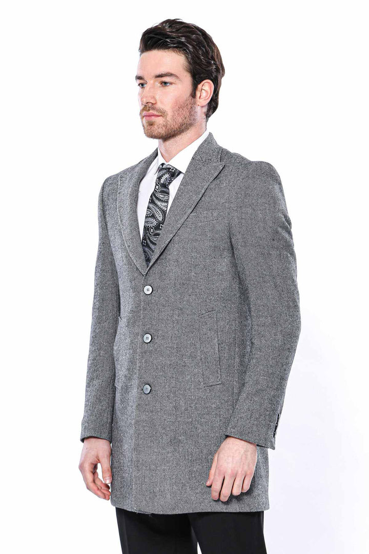 WSS Cachet Peak Lapel Grey Men Long Coat  - Lecco