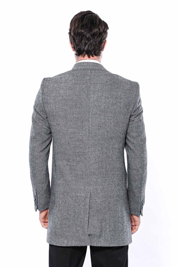 WSS Cachet Peak Lapel Grey Men Long Coat  - Lecco