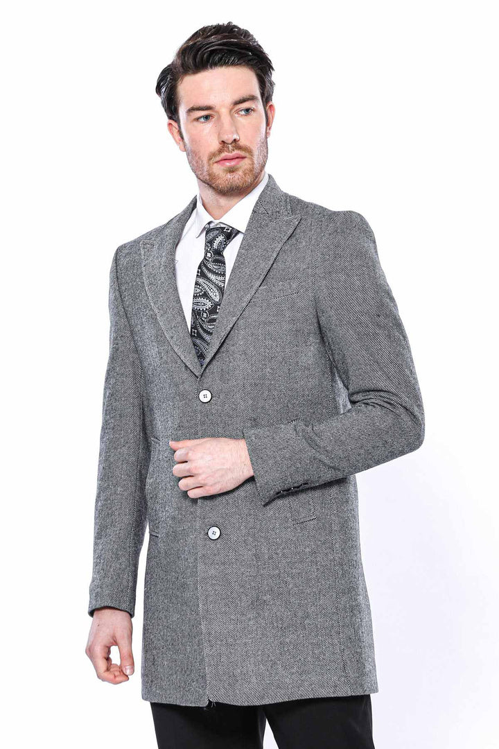 WSS Cachet Peak Lapel Grey Men Long Coat  - Lecco