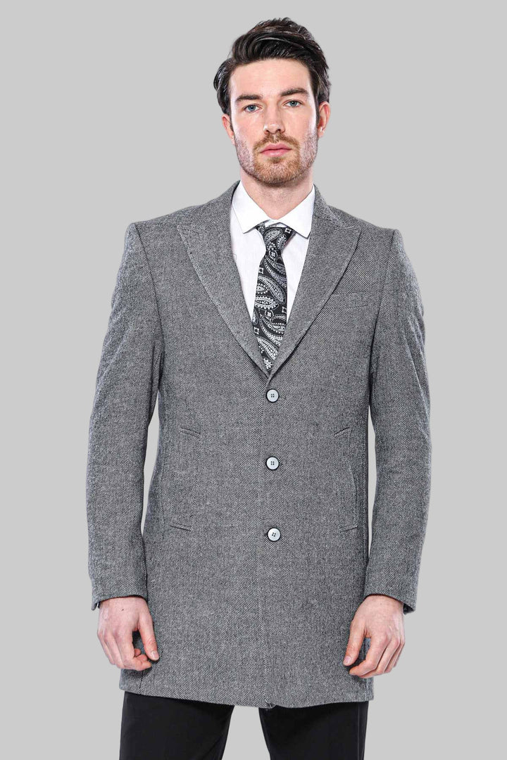WSS Cachet Peak Lapel Grey Men Long Coat  - Lecco