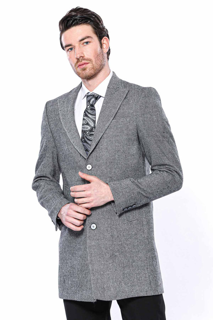 WSS Cachet Peak Lapel Grey Men Long Coat  - Lecco