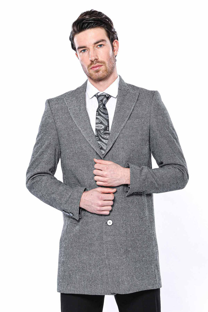 WSS Cachet Peak Lapel Grey Men Long Coat  - Lecco