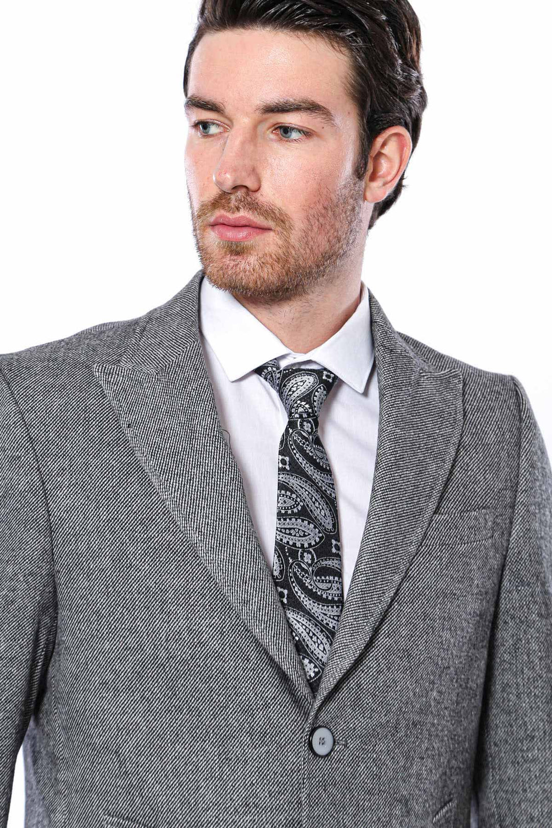 WSS Cachet Peak Lapel Grey Men Long Coat  - Lecco