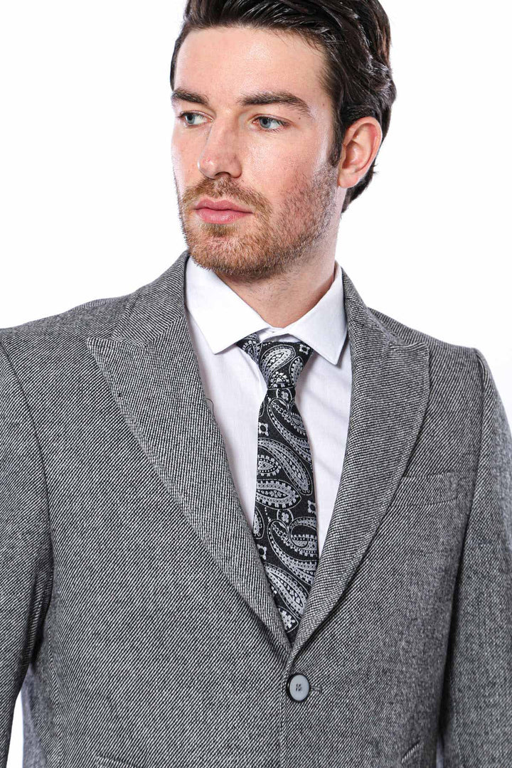 WSS Cachet Peak Lapel Grey Men Long Coat  - Lecco